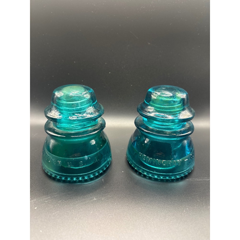 Vintage Hemingray 42 Aqua Blue Glass Insulators Set of 2 Made in USA Drip Edge